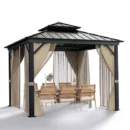 10′ x 10′ All-Weather Hardtop Gazebo – Double Metal Roof, Aluminum Frame, Netting & Curtains, Khaki