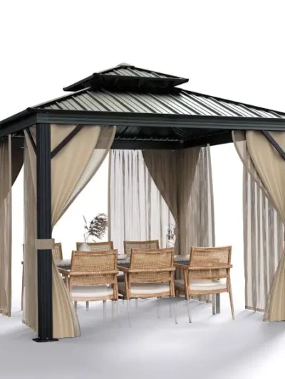 10′ x 10′ All-Weather Hardtop Gazebo – Double Metal Roof, Aluminum Frame, Netting & Curtains, Khaki