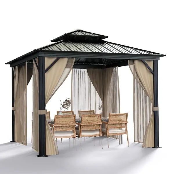 10′ x 10′ All-Weather Hardtop Gazebo – Double Metal Roof, Aluminum Frame, Netting & Curtains, Khaki