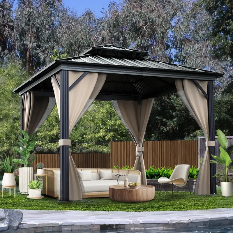10′ x 10′ All-Weather Hardtop Gazebo – Double Metal Roof, Aluminum Frame, Netting & Curtains, Khaki - Image 2