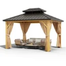 10′ x 13′ Heavy-Duty Galvanized Steel Hardtop Gazebo – Double Roof, Aluminum Frame, Sunshade Curtains & Mosquito Netting, Khaki