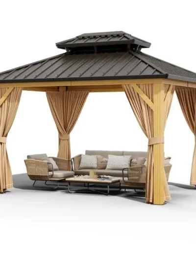 10′ x 13′ Heavy-Duty Galvanized Steel Hardtop Gazebo – Double Roof, Aluminum Frame, Sunshade Curtains & Mosquito Netting, Khaki