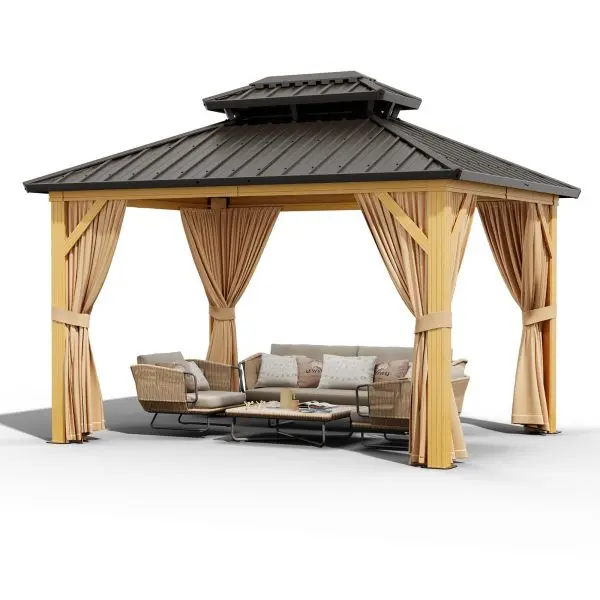 10′ x 13′ Heavy-Duty Galvanized Steel Hardtop Gazebo – Double Roof, Aluminum Frame, Sunshade Curtains & Mosquito Netting, Khaki