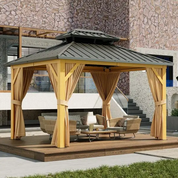 10′ x 13′ Heavy-Duty Galvanized Steel Hardtop Gazebo – Double Roof, Aluminum Frame, Sunshade Curtains & Mosquito Netting, Khaki - Image 2