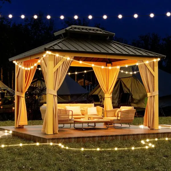 10′ x 13′ Heavy-Duty Galvanized Steel Hardtop Gazebo – Double Roof, Aluminum Frame, Sunshade Curtains & Mosquito Netting, Khaki - Image 3