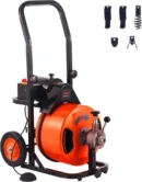100-Foot Auto-Feed Drain Cleaner Snake — 1/2″ Cable with Four Cutters & Air-Activated Foot Switch for 1″–4″ Pipes