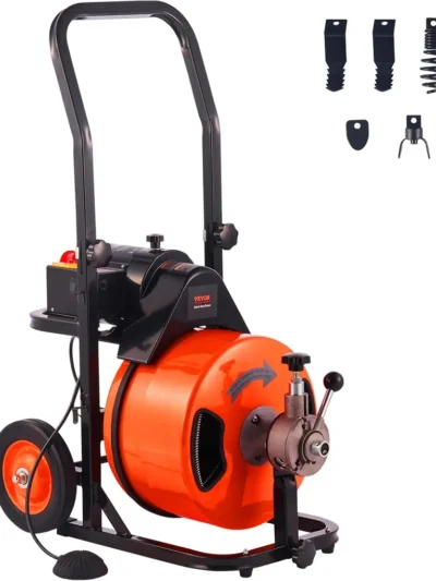 100-Foot Auto-Feed Drain Cleaner Snake — 1/2″ Cable with Four Cutters & Air-Activated Foot Switch for 1″–4″ Pipes