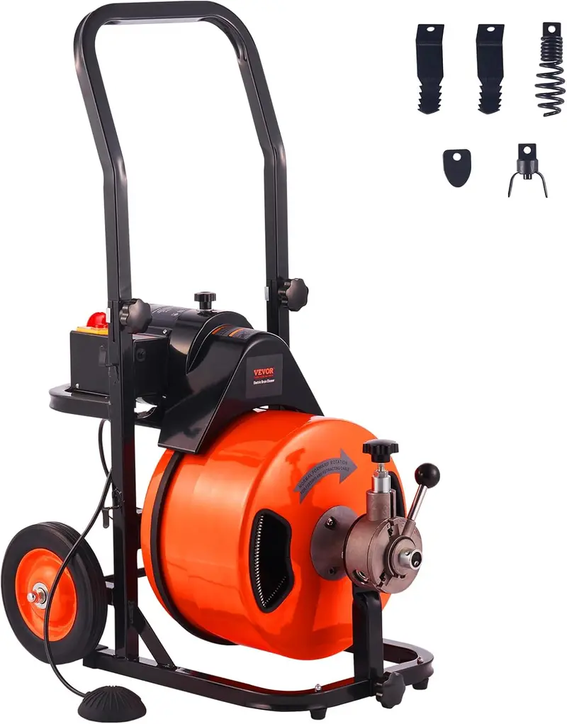 100-Foot Auto-Feed Drain Cleaner Snake — 1/2″ Cable with Four Cutters & Air-Activated Foot Switch for 1″–4″ Pipes