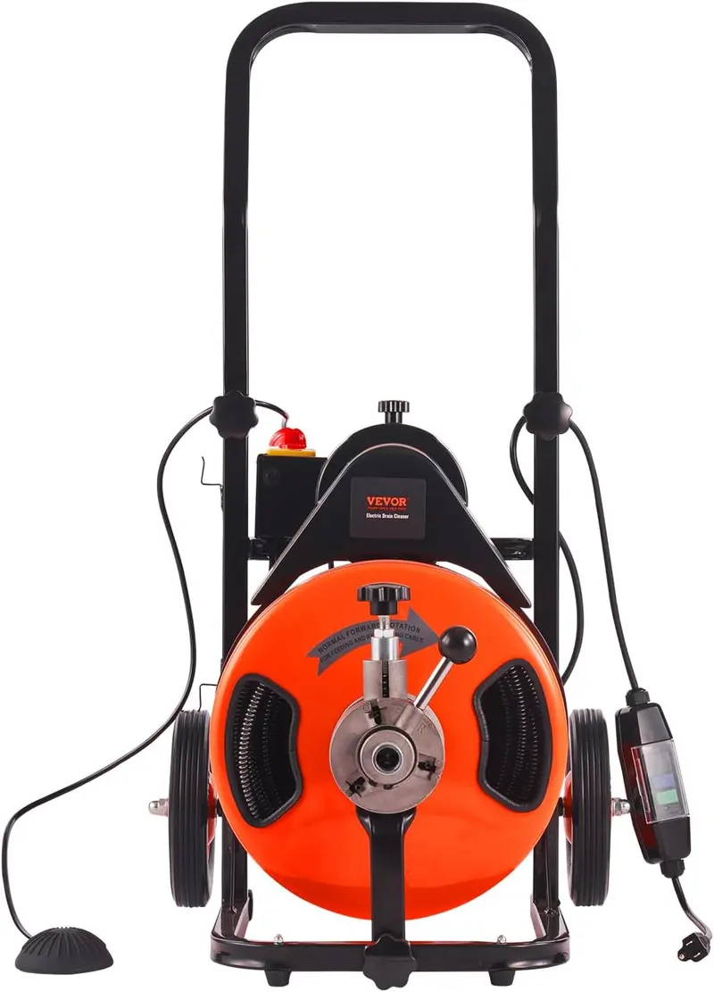 100-Foot Auto-Feed Drain Cleaner Snake — 1/2″ Cable with Four Cutters & Air-Activated Foot Switch for 1″–4″ Pipes - Image 2