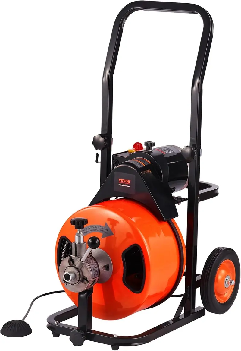 100-Foot Auto-Feed Drain Cleaner Snake — 1/2″ Cable with Four Cutters & Air-Activated Foot Switch for 1″–4″ Pipes - Image 3