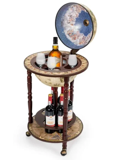 17-Inch Vintage-Style Wood Globe Wine Bar Stand with Italian Renaissance-Inspired Bottle Rack