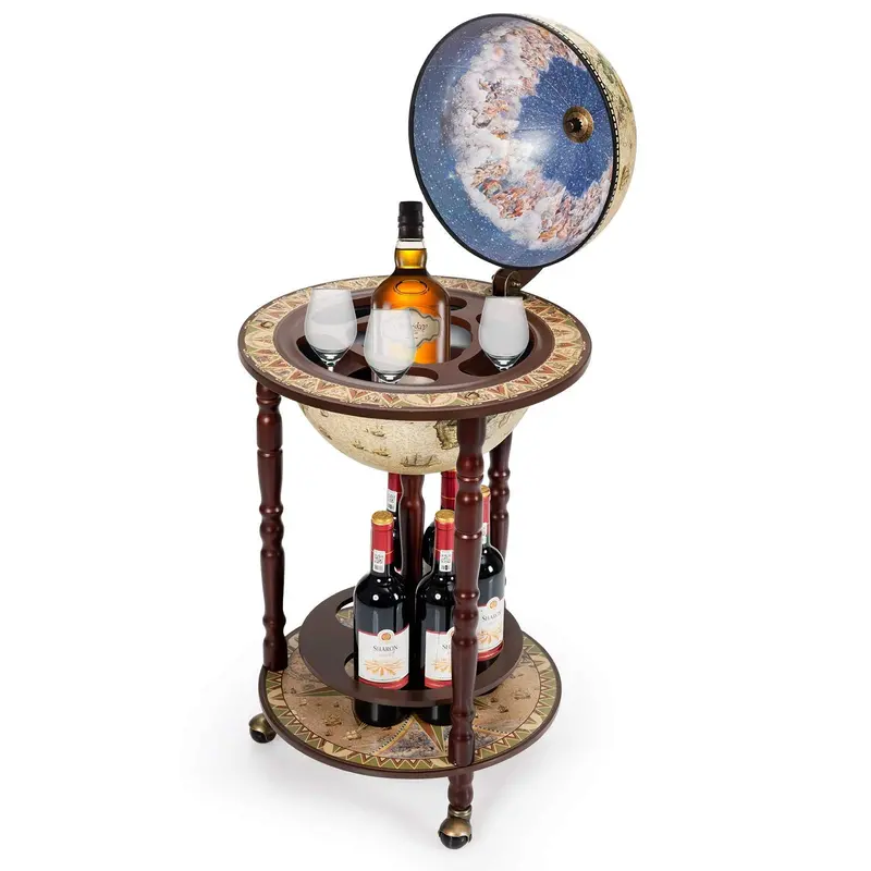 17-Inch Vintage-Style Wood Globe Wine Bar Stand with Italian Renaissance-Inspired Bottle Rack