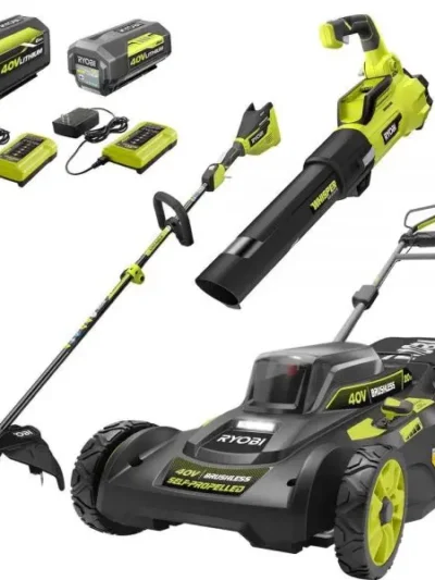 40V Brushless Cordless Lawn Mower, String Trimmer & Leaf Blower Combo – Includes 2 Batteries & 2 Chargers
