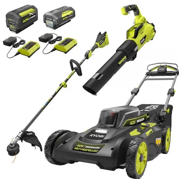 40V Brushless Cordless Lawn Mower, String Trimmer & Leaf Blower Combo – Includes 2 Batteries & 2 Chargers
