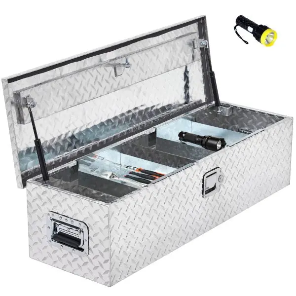 48-Inch Diamond-Plate Truck Bed Toolbox — Silver Finish with Interior Shelf