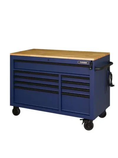 52-Inch Heavy-Duty Mobile Workbench – 9-Drawer Design with Adjustable Solid Wood Top (Matte Blue)