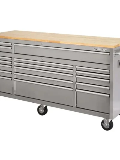 72-Inch Mobile Workbench with 18 Drawers, 24-Inch Depth & Solid Wood Top – Stainless Steel Frame