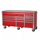 72-Inch Wide Mobile Tool Chest – 15-Drawer Stainless Steel Workbench with Dual Locking Mechanism (Red)