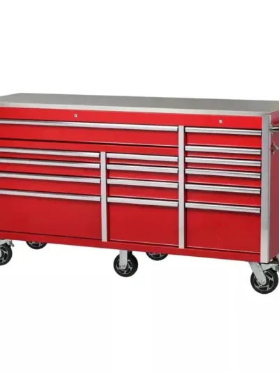 72-Inch Wide Mobile Tool Chest – 15-Drawer Stainless Steel Workbench with Dual Locking Mechanism (Red)