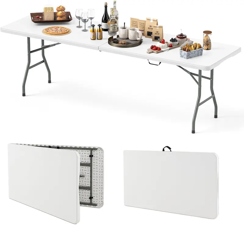 8-Foot HDPE Plastic Folding Table – 350 lb Load Capacity, Weather-Resistant Surface & Integrated Carry Handle - Image 3