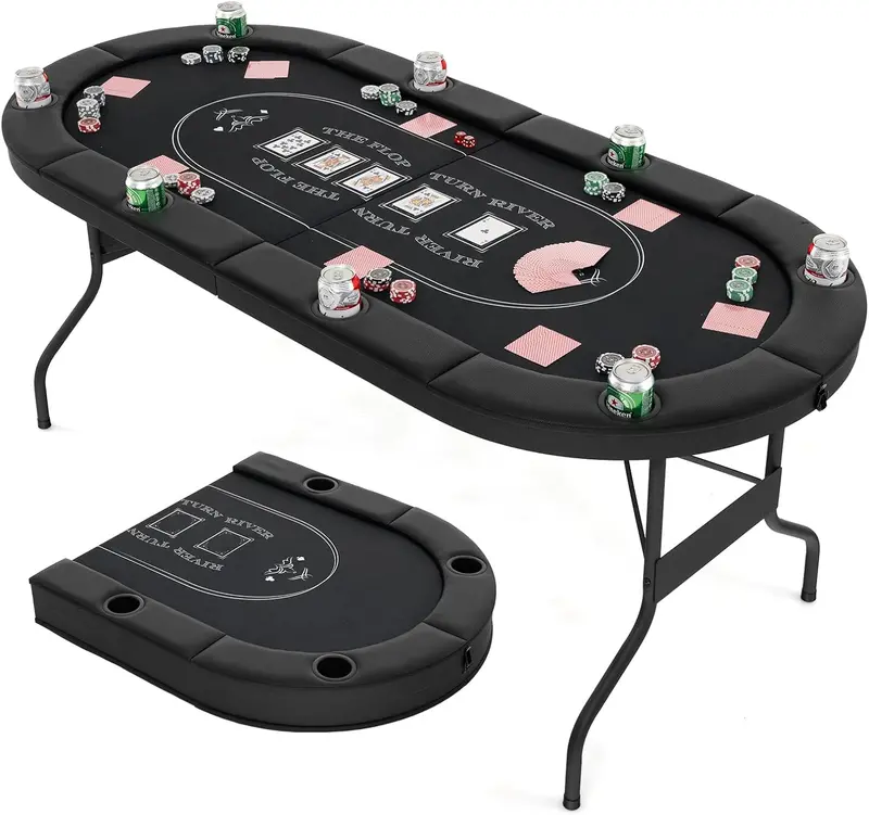 8-Player Foldable Poker Table with Reinforced Metal Cup Holders and Smooth-Fold Design - Image 3