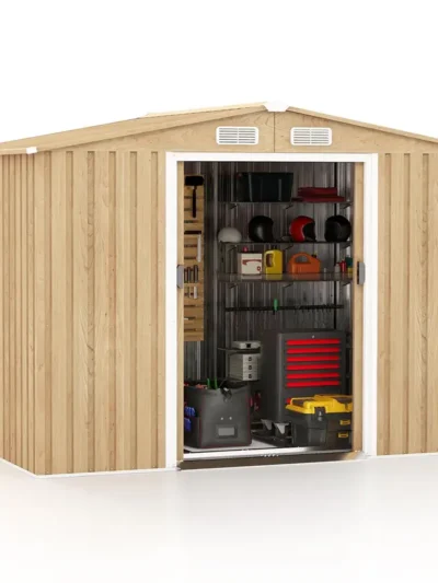 8′ x 6′ Galvanized Metal Outdoor Storage Shed with Woodgrain Panels, Floor Base & Four Ventilation Ports