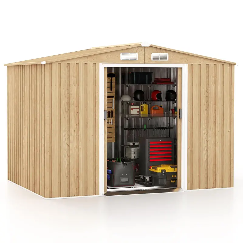 8′ x 6′ Galvanized Metal Outdoor Storage Shed with Woodgrain Panels, Floor Base & Four Ventilation Ports