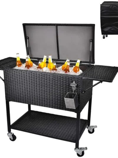 80-Quart Rolling Rattan Cooler Cart – Portable Wicker Beverage Trolley for Outdoor Entertaining