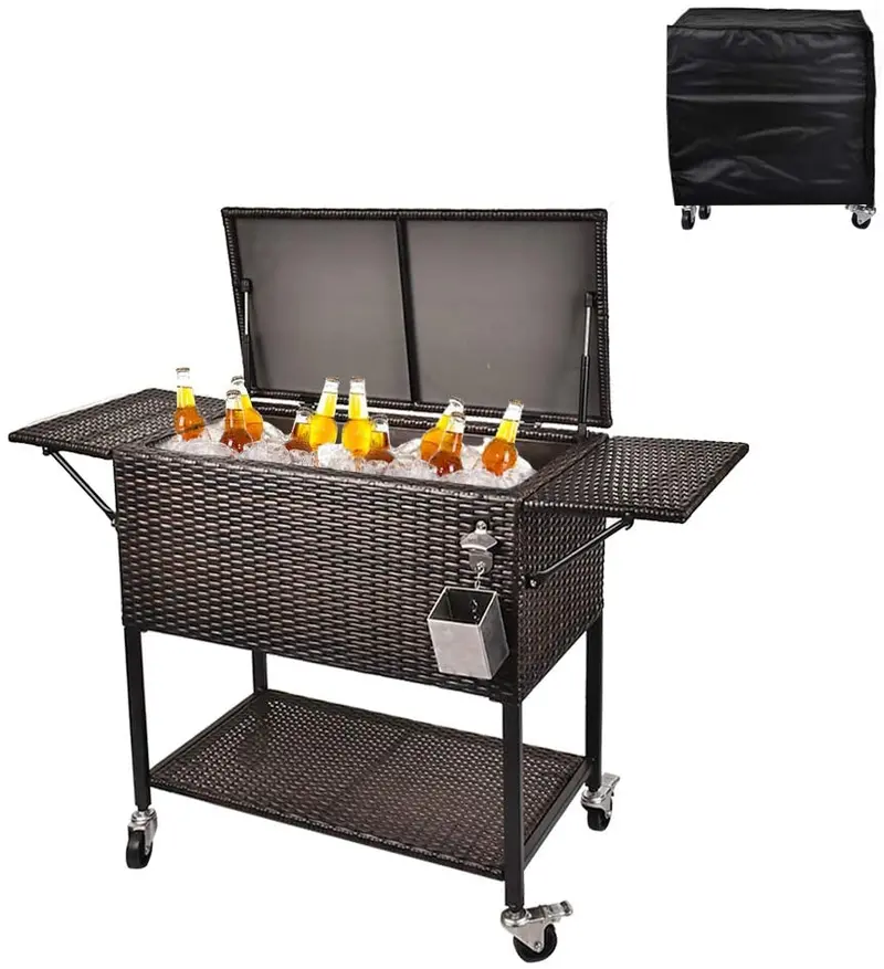 80-Quart Rolling Rattan Cooler Cart – Portable Wicker Beverage Trolley for Outdoor Entertaining - Image 2