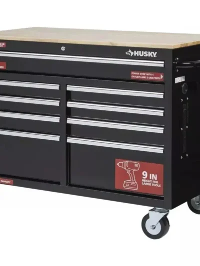 9-Drawer Gloss Black Mobile Tool Chest – 46″W × 24″D Deep Workbench with Casters