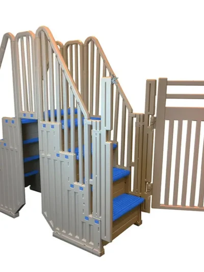 Above-Ground Plastics Pool System – Warm Gray with Blue Steps and Secure Closure Lid