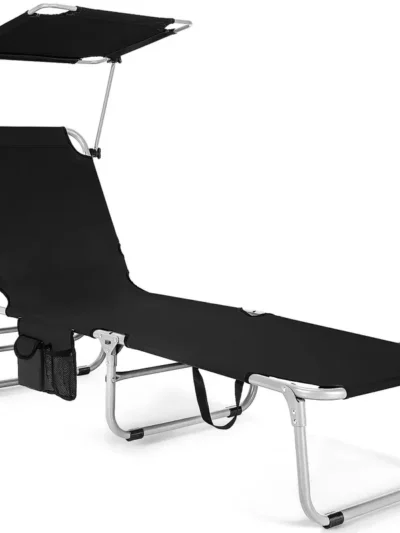 Adjustable Folding Lounge Chair Featuring Sun-Shading Canopy and Convenient Storage Pockets