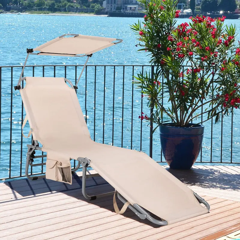 Adjustable Folding Lounge Chair Featuring Sun-Shading Canopy and Convenient Storage Pockets - Image 2