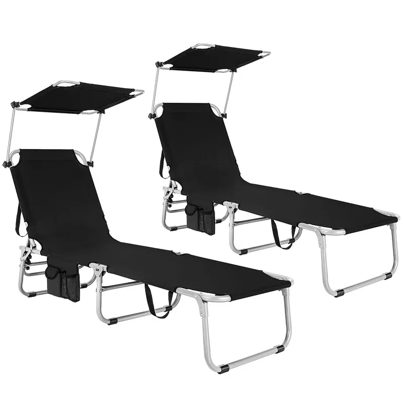 Adjustable Folding Lounge Chair Featuring Sun-Shading Canopy and Convenient Storage Pockets - Image 3