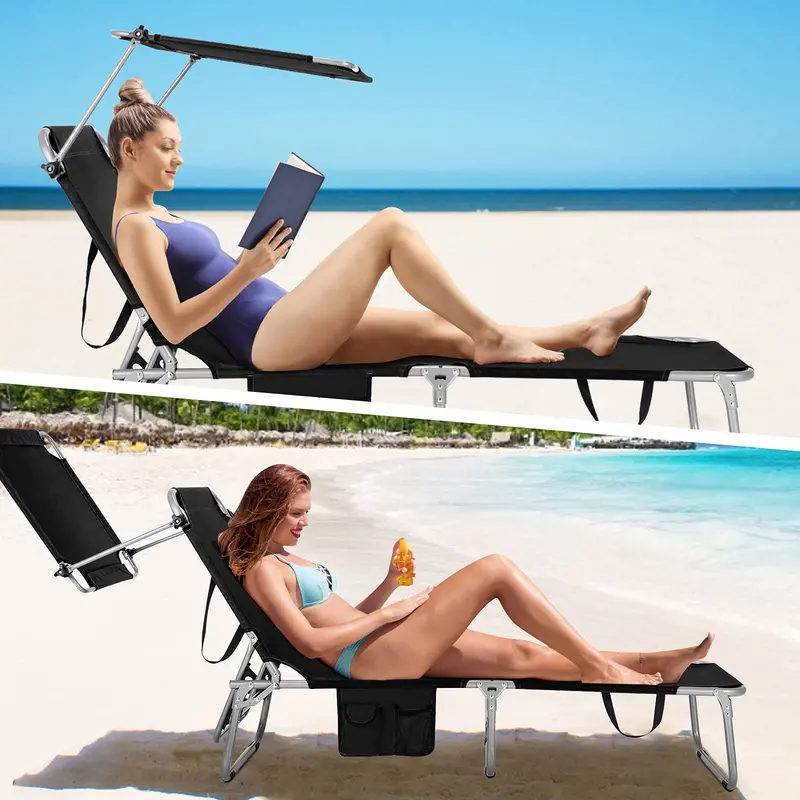 Adjustable Folding Lounge Chair Featuring Sun-Shading Canopy and Convenient Storage Pockets - Image 5
