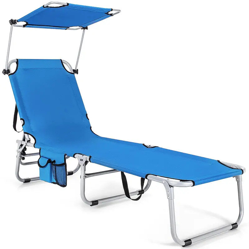 Adjustable Folding Lounge Chair Featuring Sun-Shading Canopy and Convenient Storage Pockets - Image 4