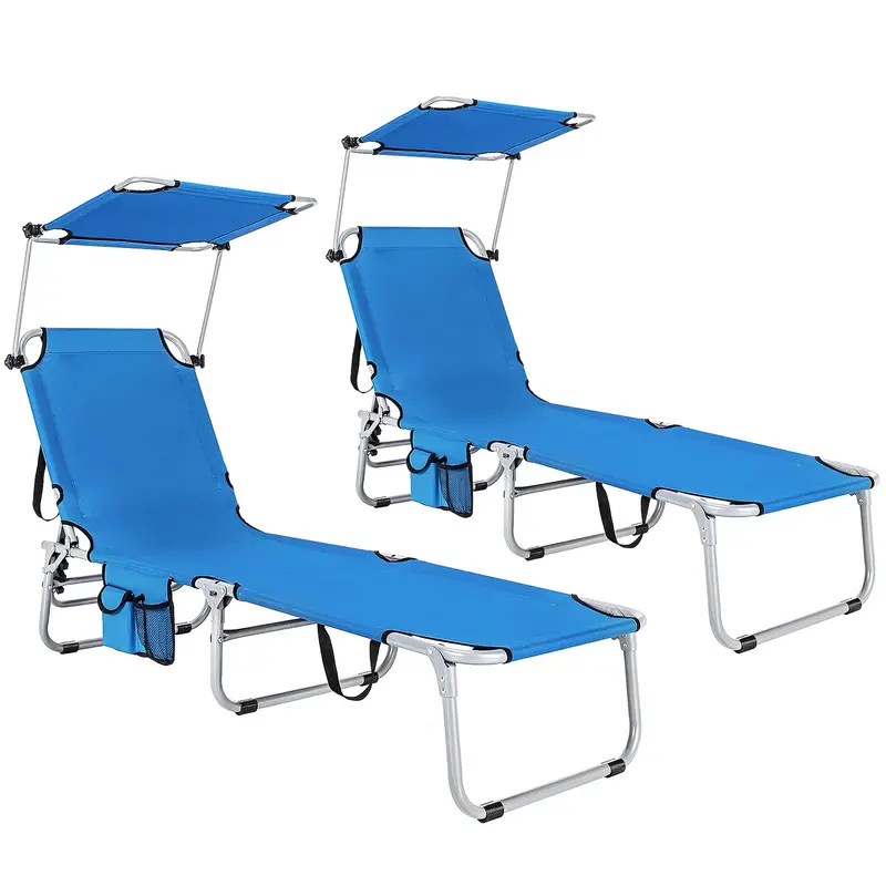 Adjustable Folding Lounge Chair Featuring Sun-Shading Canopy and Convenient Storage Pockets - Image 6