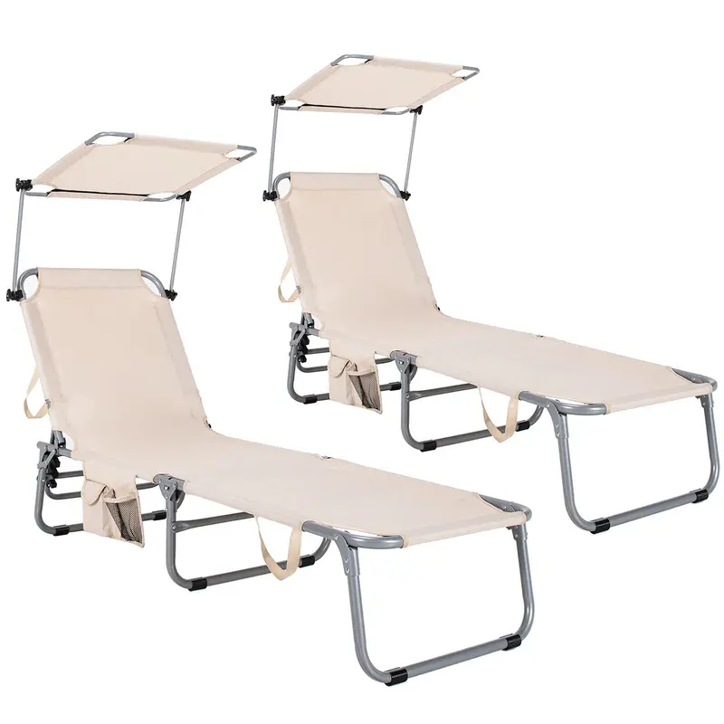 Adjustable Folding Lounge Chair Featuring Sun-Shading Canopy and Convenient Storage Pockets - Image 8