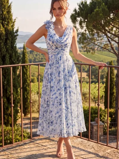 Blue A-Line Mother-of-the-Bride Dress – Cowl Neck, 3D Floral Appliqués