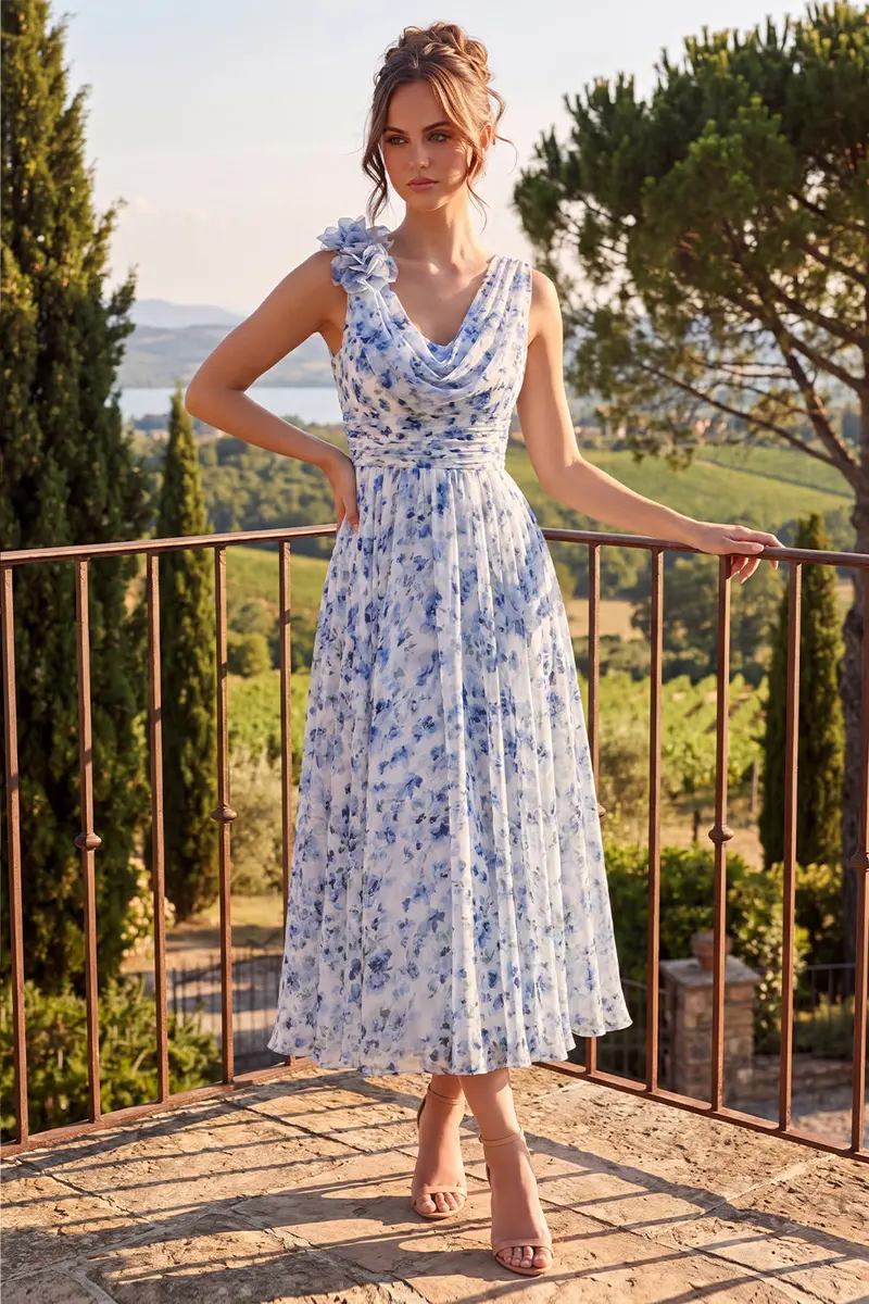 Blue A-Line Mother-of-the-Bride Dress – Cowl Neck, 3D Floral Appliqués