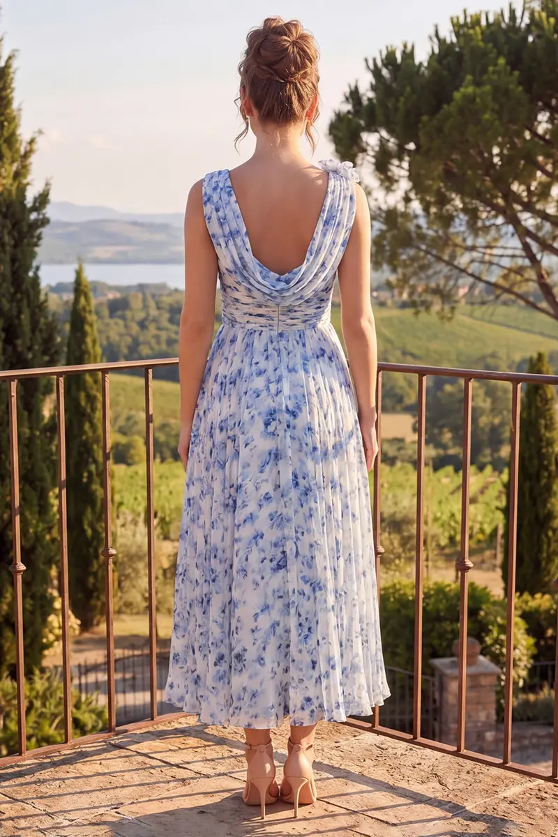 Blue A-Line Mother-of-the-Bride Dress – Cowl Neck, 3D Floral Appliqués - Image 2