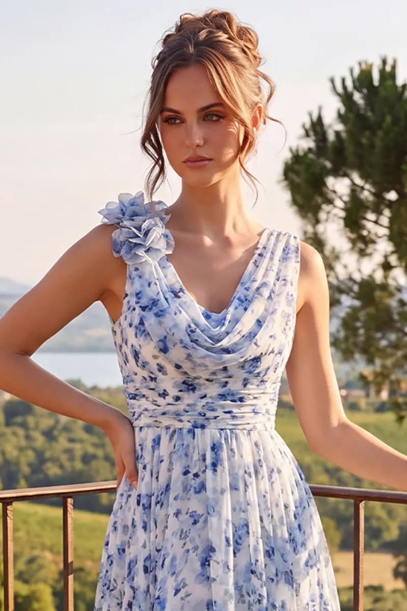 Blue A-Line Mother-of-the-Bride Dress – Cowl Neck, 3D Floral Appliqués - Image 3