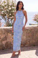 Blue Halter Neck Bodycon Maxi Dress – Floral Embroidery, Side Slit, Modern Fit