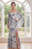 Blue Off-the-Shoulder Mother-of-the-Bride Dress – Floral Maxi Gown with Side Slit