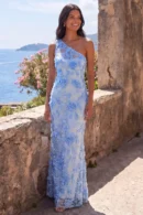 Blue One-Shoulder Mermaid Maxi Dress – Floral Embroidery, Side Slit, Appliquéd Detail