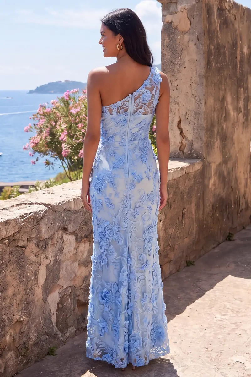 Blue One-Shoulder Mermaid Maxi Dress – Floral Embroidery, Side Slit, Appliquéd Detail - Image 2