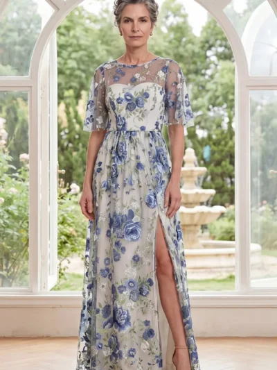 Blue Round-Neck Tulle Mother-of-the-Bride Dress – Floral Maxi with Side Slit