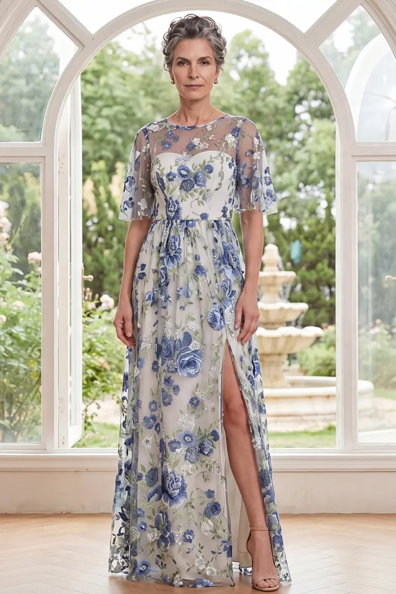 Blue Round-Neck Tulle Mother-of-the-Bride Dress – Floral Maxi with Side Slit