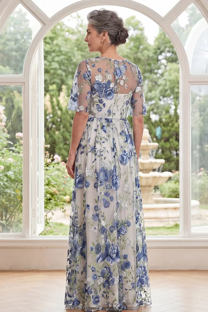 Blue Round-Neck Tulle Mother-of-the-Bride Dress – Floral Maxi with Side Slit - Image 2