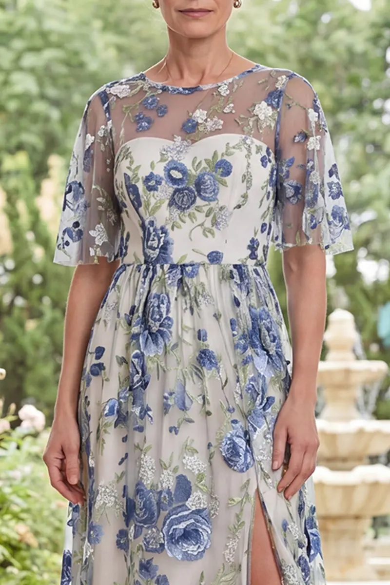 Blue Round-Neck Tulle Mother-of-the-Bride Dress – Floral Maxi with Side Slit - Image 3